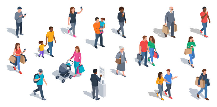 Diverse mall crowds walking and shopping with bags and strollers | Isometric vector illustration of consumers and families