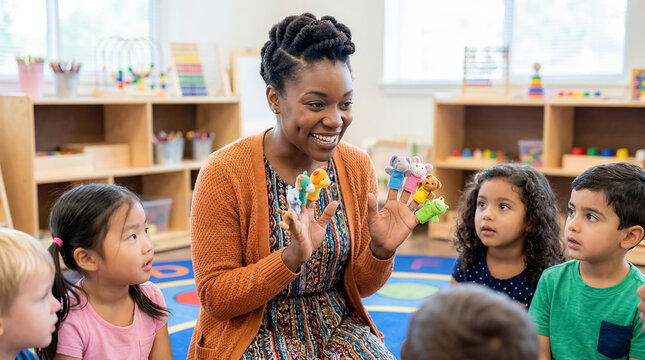 african american female preschool teacher young children kids daycare classroom diverse playful mentor warm preschool teacher sitting with circle of toddlers playing with colorful blocks for early