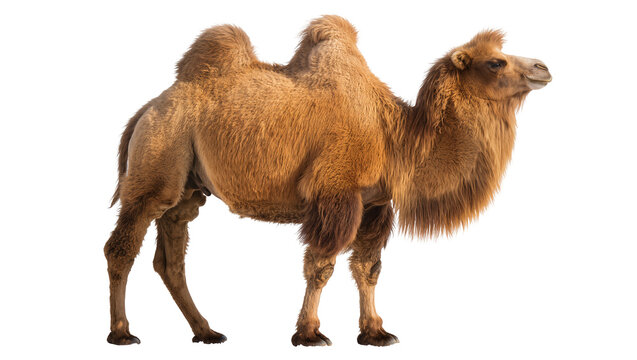 Bactrian camel with two humps brown fur standing, isolated on transparent background