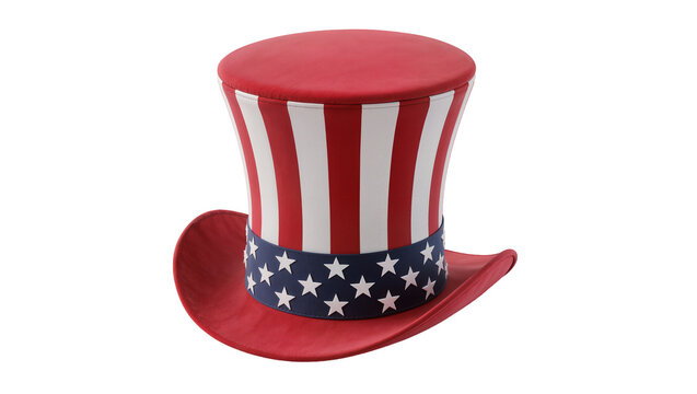 Red Uncle Sam top hat with white stripes and blue star band, isolated on transparent background