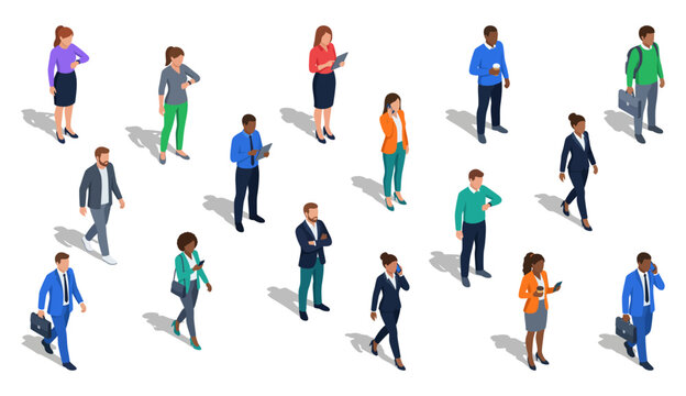 Diverse business people standing and walking while using phones and digital tablets | Isometric vector illustration of diverse corporate professionals