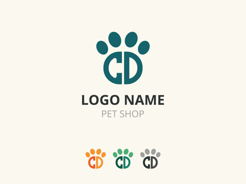 Modern pet shop logo featuring a stylized &ldquo;CD&rdquo; monogram combined with a paw print. Clean, minimal design with soft colors, conveying friendliness, trust, and care for animals.