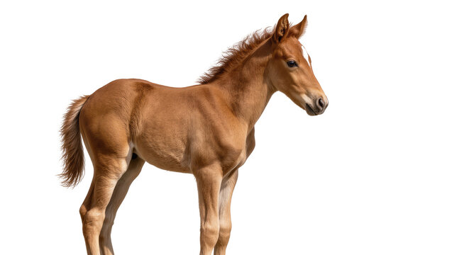 Young brown horse foal with white blaze, isolated on transparent background