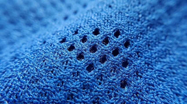 Close-up of blue textured fabric with perforations and detailed weave pattern.