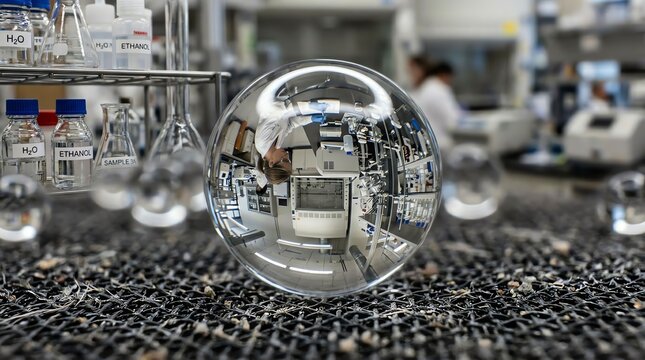 Close-up of a glass sphere reflecting an industrial warehouse environment.