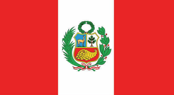 Peruvian flag with national coat of arms on vertical stripes