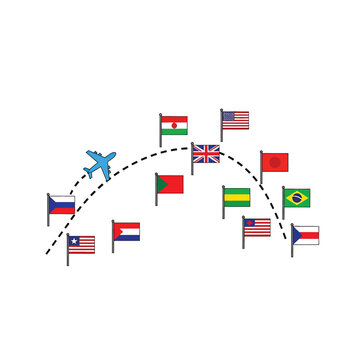 Airplane flying around world flags route 1.