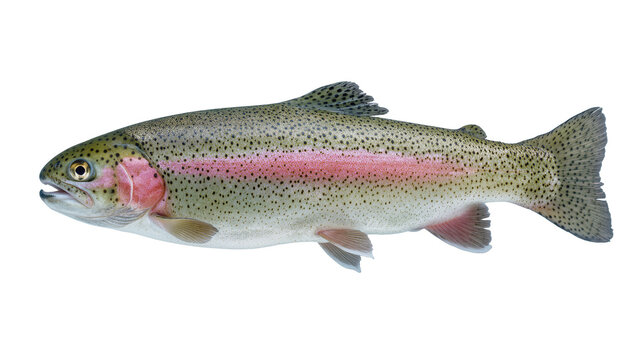 Rainbow trout fish with pink stripe and black spots, isolated on transparent background