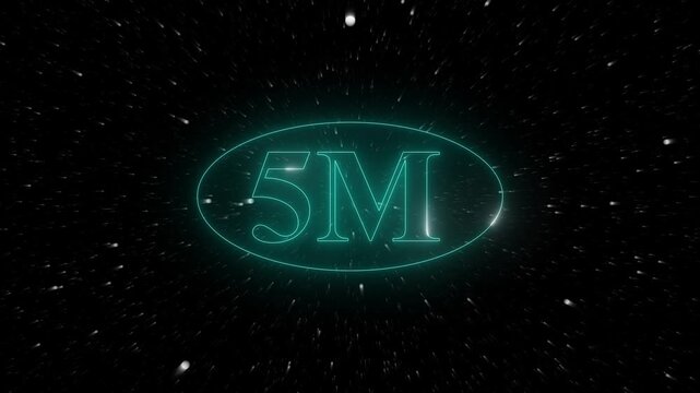 Neon five million subscriber milestone text sign. Social media milestone symbol for online brand network growth victory. Digital neon text animation for video channel.