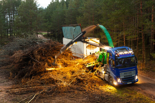 Industrial wood chipper working in forest