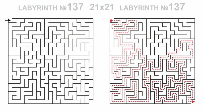Solved maze vector 21x21 with answer key. Square labyrinth for kids activity. Maze challenge with answers. Easy to use.