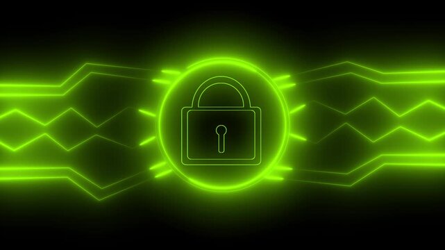 Neon green lock icon on abstract circuit board. Cyber security padlock symbol for firmware software privacy protection. Digital lock animation for computer device safety.