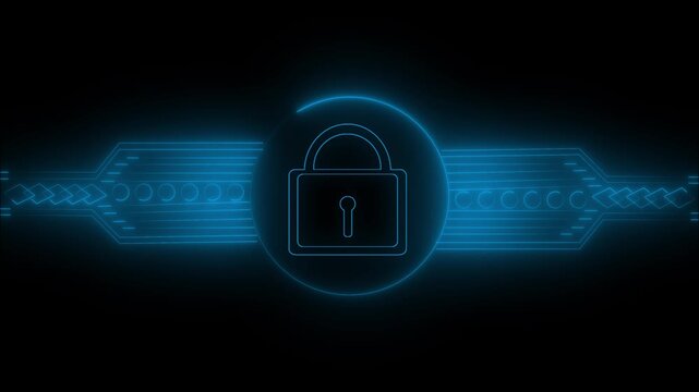 Neon blue lock icon on digital data background. Cyber security padlock symbol for automated system access permission. Digital lock animation for secure server mainframe.