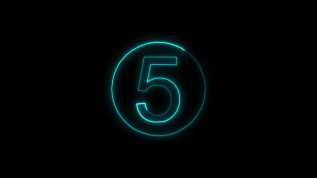 Cyan neon number five glowing inside circle on black. Neon number five symbol for digital countdown sequence. Digital neon number five animation for tech interface.