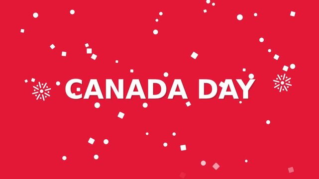 July 1st text morphs into Canada Day. Falling geometric confetti against red background. 2D flat vector popping fireworks animation
