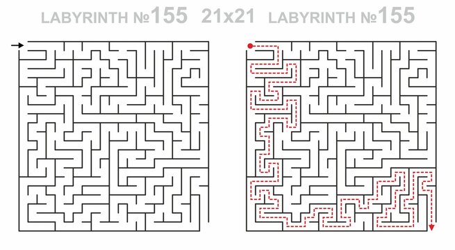 Solved maze vector 21x21 with answer. Labyrinth game grid for teens. Maze challenge with answers. Medium level.