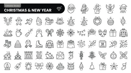 Obraz premium Christmas line icon set. New year, xmas, santa claus, christmas tree, holiday, gift, snowman, elf, angel. Outline vector icon in linear style. Conceptual pictogram collection.