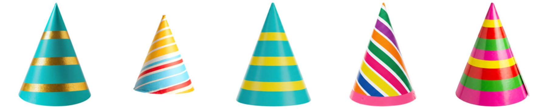 Five colorful party hats isolated on a transparent background