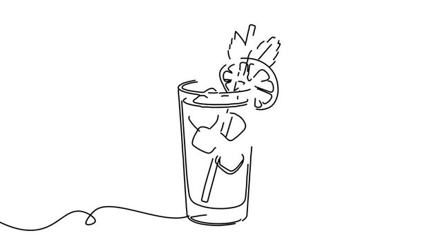 Animation of line drawing of smoothie glass with straw and fruits.