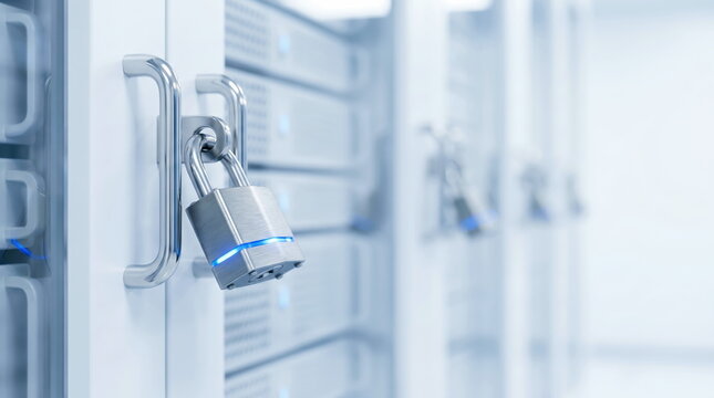 Padlock securing server rack door with glowing blue light in modern data center, representing data security.