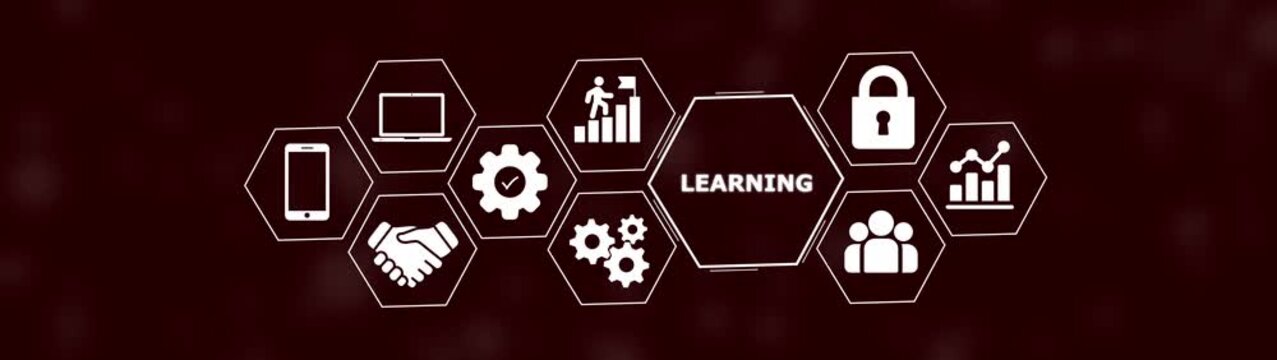 Learning concept displayed with white in hexagonal frames on a dark maroon background featuring digital business management symbols