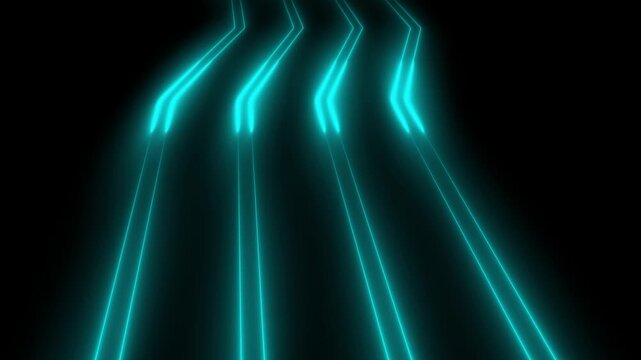 Cyan neon lines forming digital track path background. Neon lines symbol for high speed data circuit connection. Digital neon lines animation for technology.