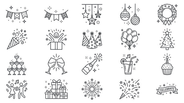 Party line icon set. Included icons as celebrate, celebration, dancing, music, congrats and more.