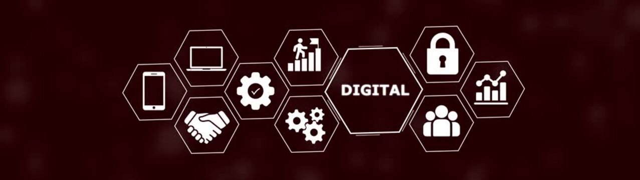 White digital arranged in hexagons on a dark maroon background with a central hexagon labeled digital