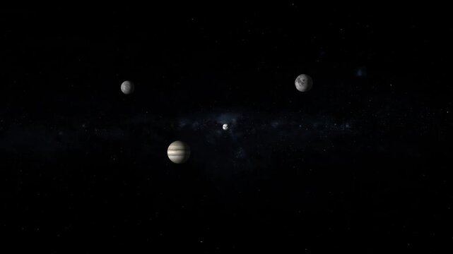 Jupiter planet model with orbiting moons in distance. Jupiter planet for deep space cosmic science exploration. Digital Jupiter planet animation for astronomy.