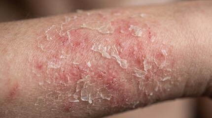 Fototapeta premium Severe eczema rash on patient arm with red inflamed skin allergy, flaking skin peeling and atopic dermatitis dermatological close up texture.