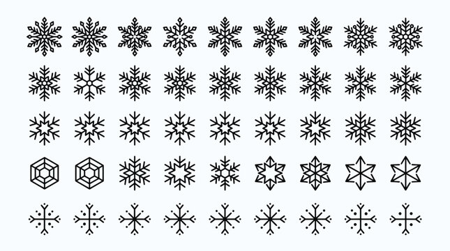Snowflake simple black line icons snow vector set