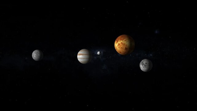 Planetary alignment of solar system planets in deep space. Planetary alignment symbol for cosmic astronomy calendar. Digital planetary alignment animation for science.