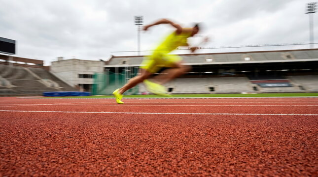 Athlete in dynamic blur, speeding on track with stadium backdrop, embodying peak performance and competition.