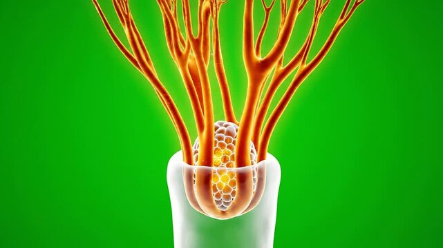 Detailed 3D Illustration of Plant Root System Emerging From Pot with Intricate Structures Against Vibrant Green Background