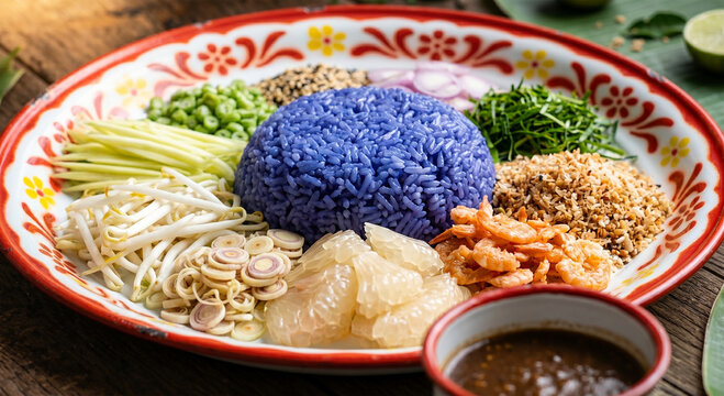 Traditional Southern Thai Khao Yam Rice Salad Full Plate with Blue Butterfly Pea Rice, Fresh Vegetables, Dried Prawns, Toasted Coconut Flakes and Nam Budu Dipping Sauce on Vintage Thai Enamel Dish, Au