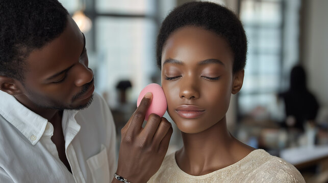 African american makeup artist applying base foundation on woman face with pink sponge. Professional beauty transformation service in studio. Cosmetic routine for skin care and style.
