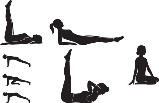 Fitness silhouette collection featuring a woman performing core exercises planks abdominal crunches and leg raises isolated on white background