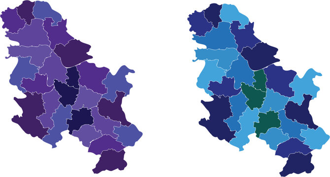 Two Color Variations of Serbia Administrative District Map in Purple-Violet and Blue-Teal Tones on White Background