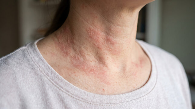 Close up of red allergic rash, hives and eczema skin inflammation on woman neck for dermatological medical treatment and sensitive skin care ad.