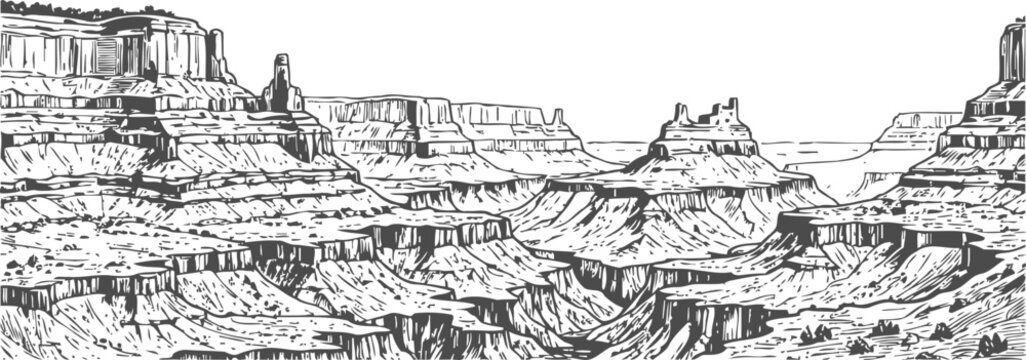 Panoramic canyon landscape engraving mountain cliffs river valley desert rock stratification plateau nature scenic outdoor view wilderness detailed line art drawing illustration