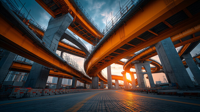 Modern highway interchange with multiple elevated ramps and supporting columns at sunset