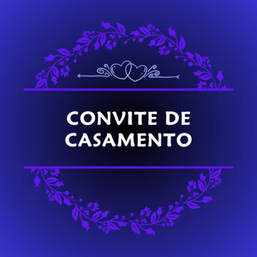 Isolated Portuguese wedding invitation template with elegant floral wreath and hearts. Fully customizable marriage greeting layout on luxury dark blue background.