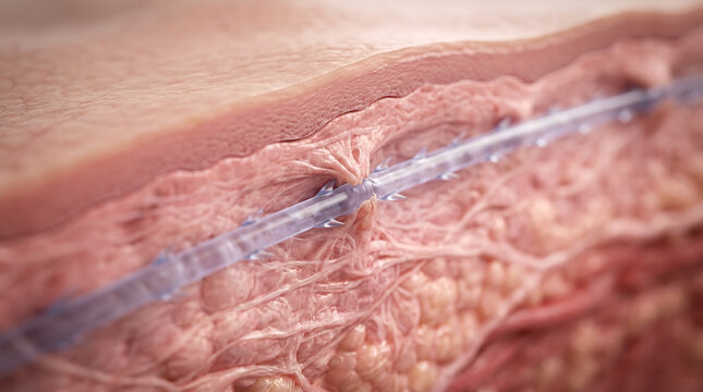Absorbable barbed PDO thread lift inside skin tissue layer cross section for sagging cheek lifting cosmetic surgery 3D illustration.
