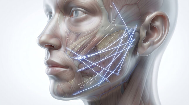 Facial anatomy 3D model with muscle structure and glowing thread lift network grid for cosmetic surgery and face contour tightening presentation.