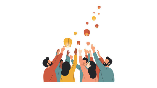 Hope Soars: A vibrant illustration depicting a diverse group of people joyfully releasing glowing lanterns into the night sky, symbolizing collective aspirations and dreams taking flight.