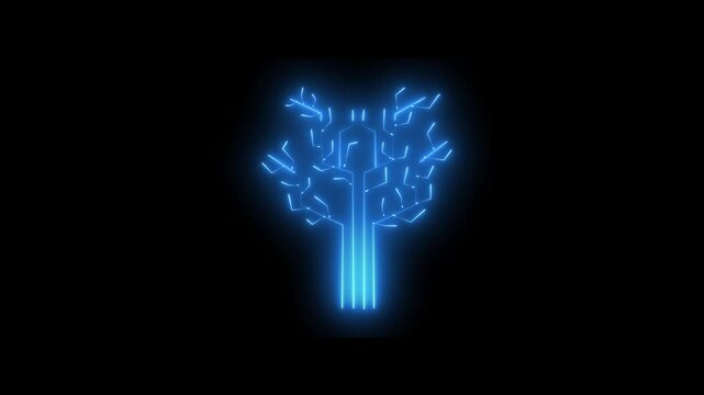 Abstract neon blue data tree structure graphic. Information technology tree symbol for computer folder database network. Digital data tree animation for web server.