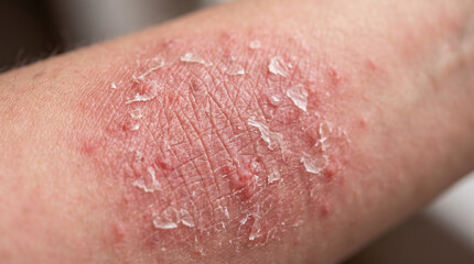 Fototapeta premium Eczema rash on adult arm with red itchy skin allergy, atopic dermatitis and flaking skin close up texture for dermatological medical background.