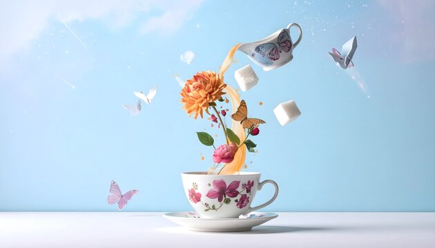 A teacup pours liquid upside down mid-air forming floral patterns with flowers butterflies and sugar cubes.