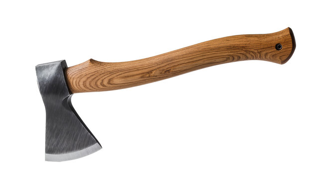 Sharp steel axe head with curved wooden handle, isolated on transparent background