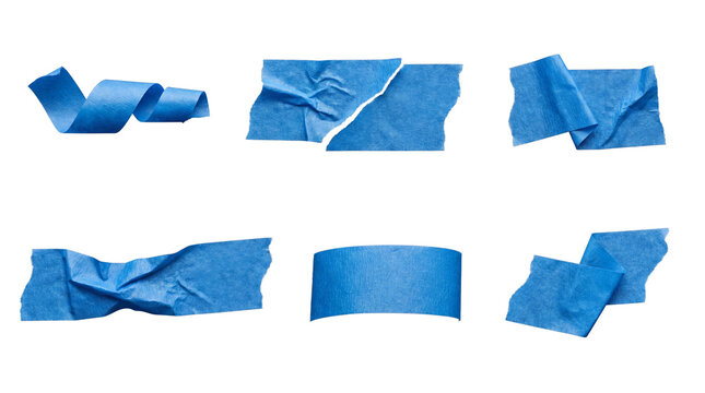 Various blue masking tape pieces, including rolled, torn, and folded forms.